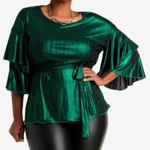 Top 14/16 (1X) Metallic Shimmer Emerald Green Ruffle Ashley Stewart Shirt Blouse